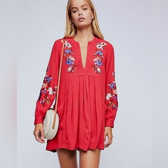 Free People Coral Red Embellished Long Sleeve Mini Dress Boho Festival Coastal - Picture 1 of 9